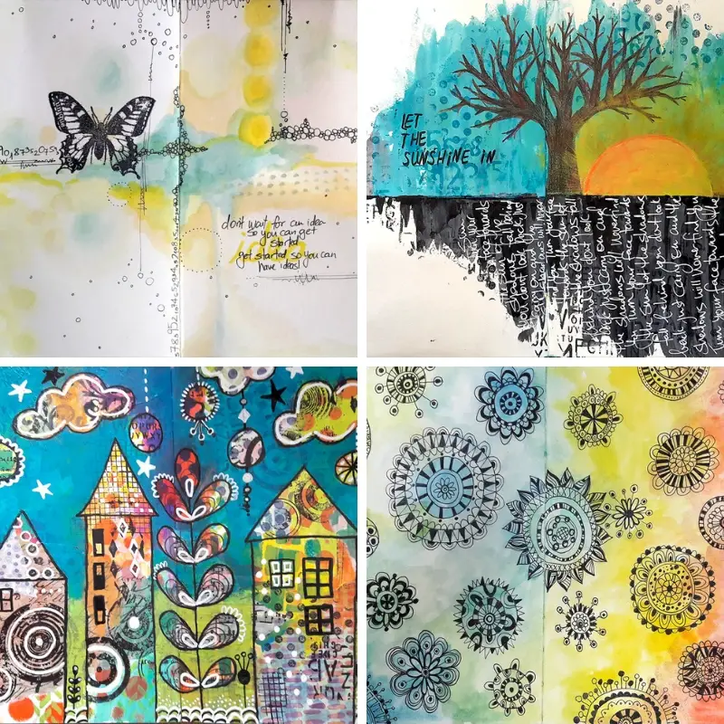 collage of finished art journaling pages